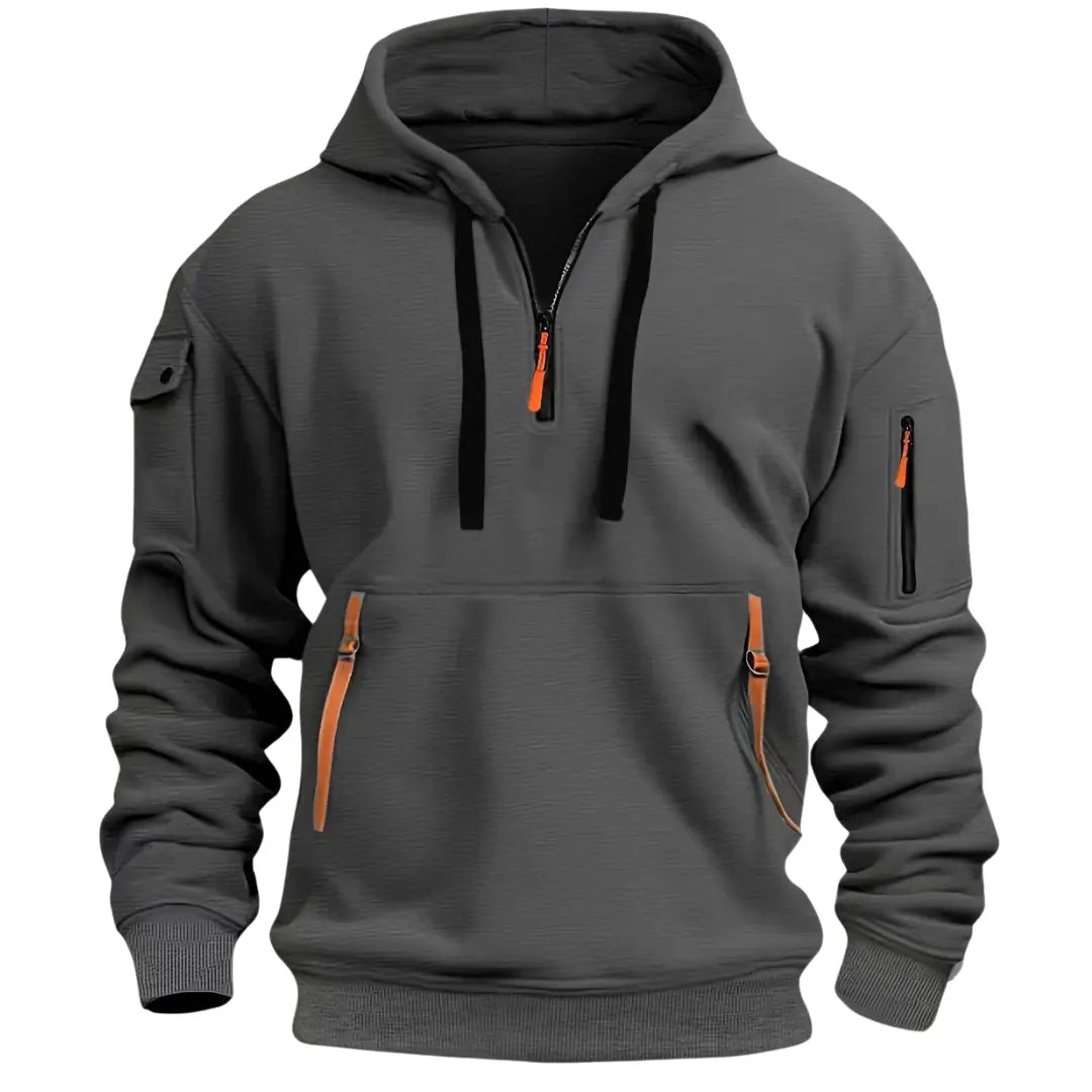 Men's Tactical Hoodie with Quarter-Zip, Hood and Multi-Pocket Design