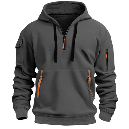 Men's Tactical Hoodie with Quarter-Zip, Hood and Multi-Pocket Design