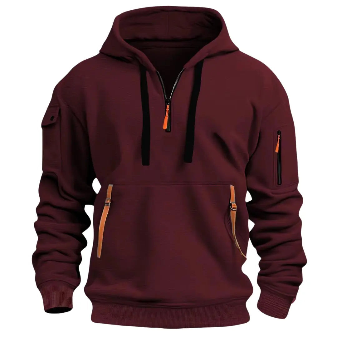 Men's Tactical Hoodie with Quarter-Zip, Hood and Multi-Pocket Design
