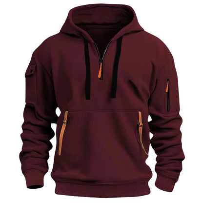 Men's Tactical Hoodie with Quarter-Zip, Hood and Multi-Pocket Design