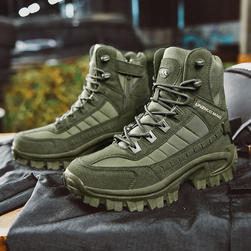 Men's Tactical Work Boots with Side Zip and Lace-Up Closure
