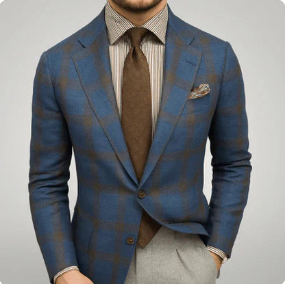 Men's Tailored Slim Fit Blazer with Check Pattern and Notch Lapel