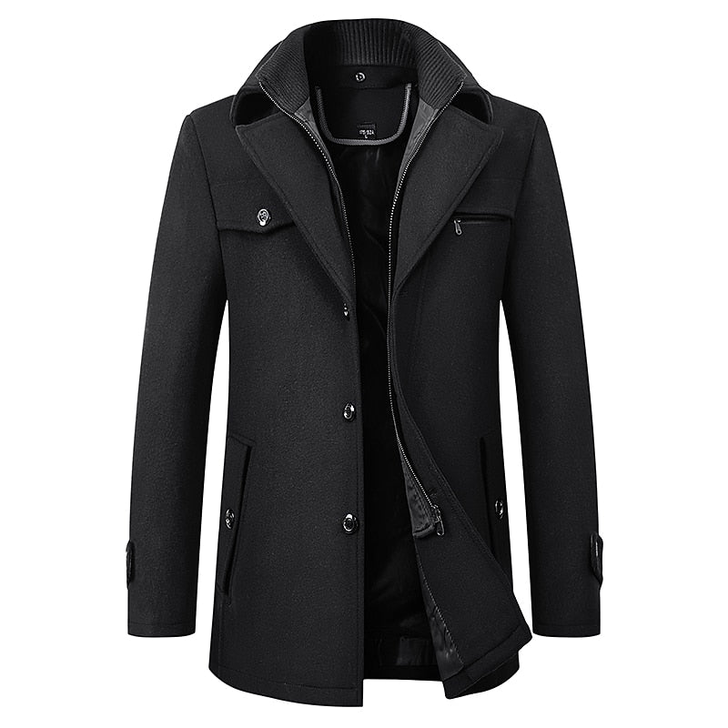 Men's Tailored Winter Coat with Layered Collar and Zip Pocket