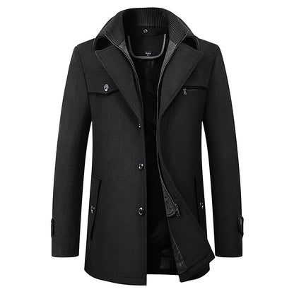 Men's Tailored Winter Coat with Layered Collar and Zip Pocket
