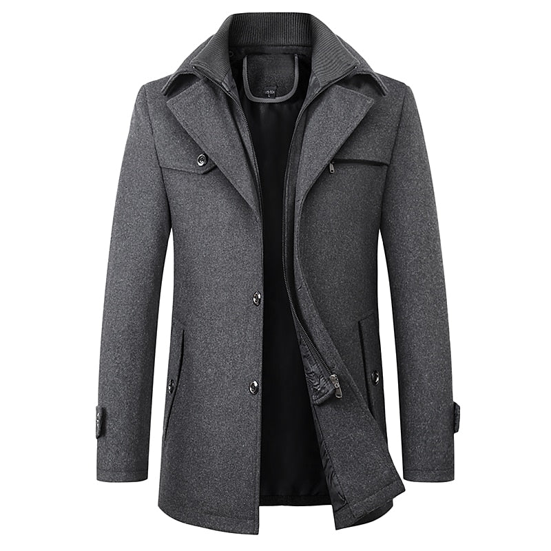 Men's Tailored Winter Coat with Layered Collar and Zip Pocket