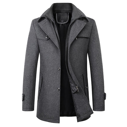 Men's Tailored Winter Coat with Layered Collar and Zip Pocket
