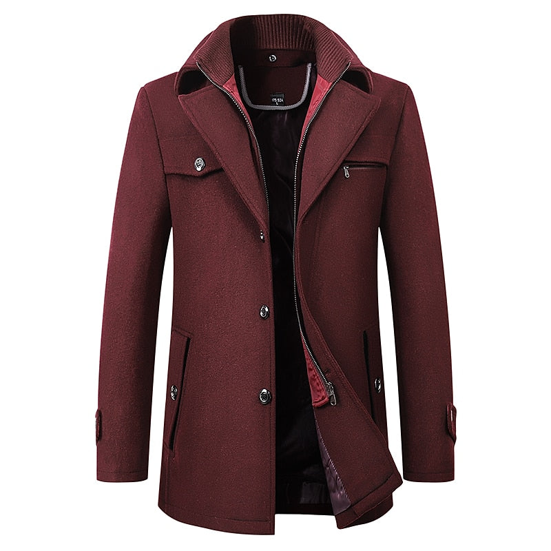 Men's Tailored Winter Coat with Layered Collar and Zip Pocket