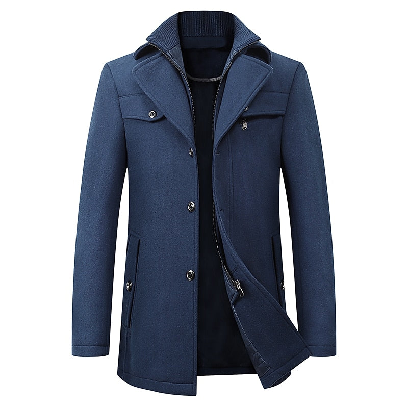 Men's Tailored Winter Coat with Layered Collar and Zip Pocket