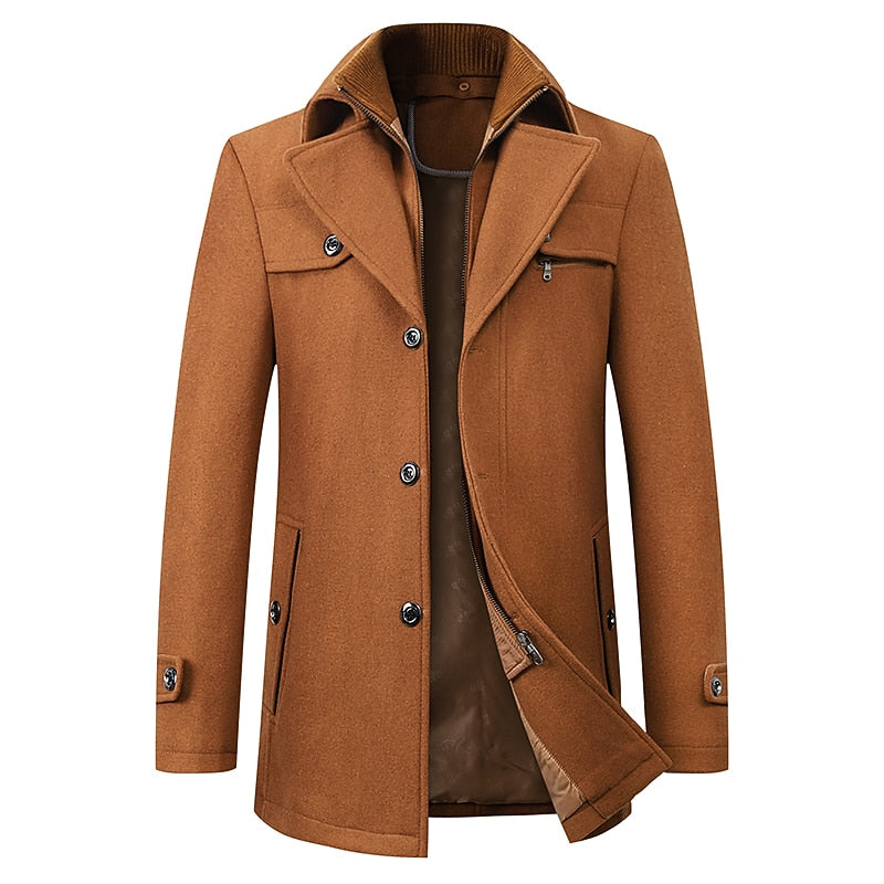 Men's Tailored Winter Coat with Layered Collar and Zip Pocket