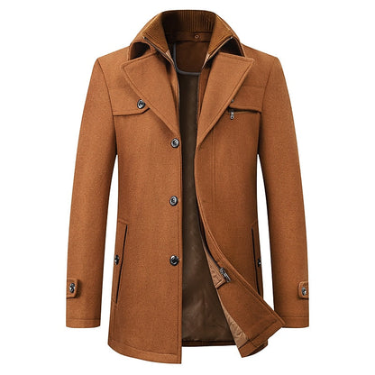 Men's Tailored Winter Coat with Layered Collar and Zip Pocket