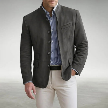 Men's Textured Knit Button-Up Cardigan with Stand Collar and Flap Pockets