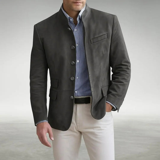 Men's Textured Knit Button-Up Cardigan with Stand Collar and Flap Pockets