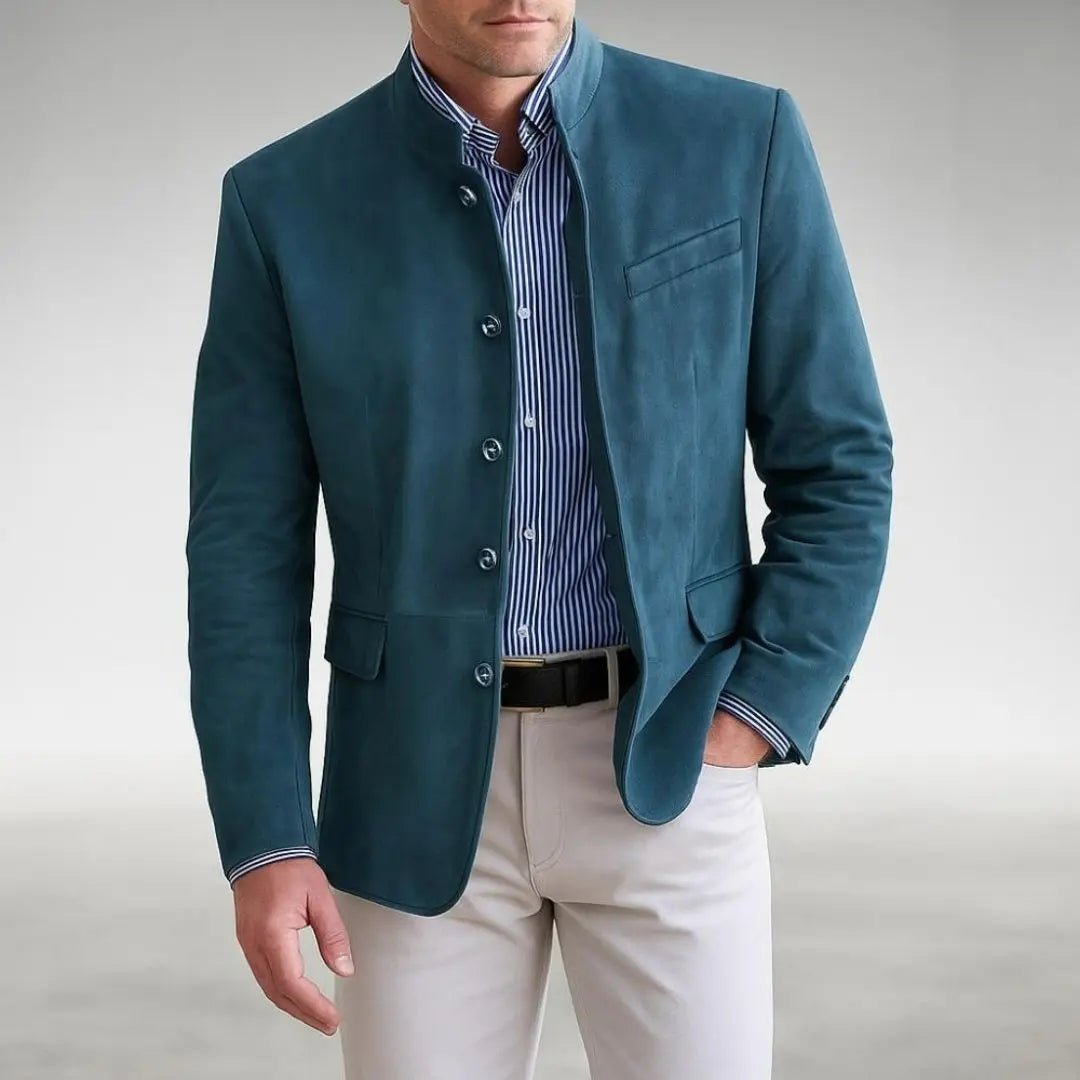 Men's Textured Knit Button-Up Cardigan with Stand Collar and Flap Pockets