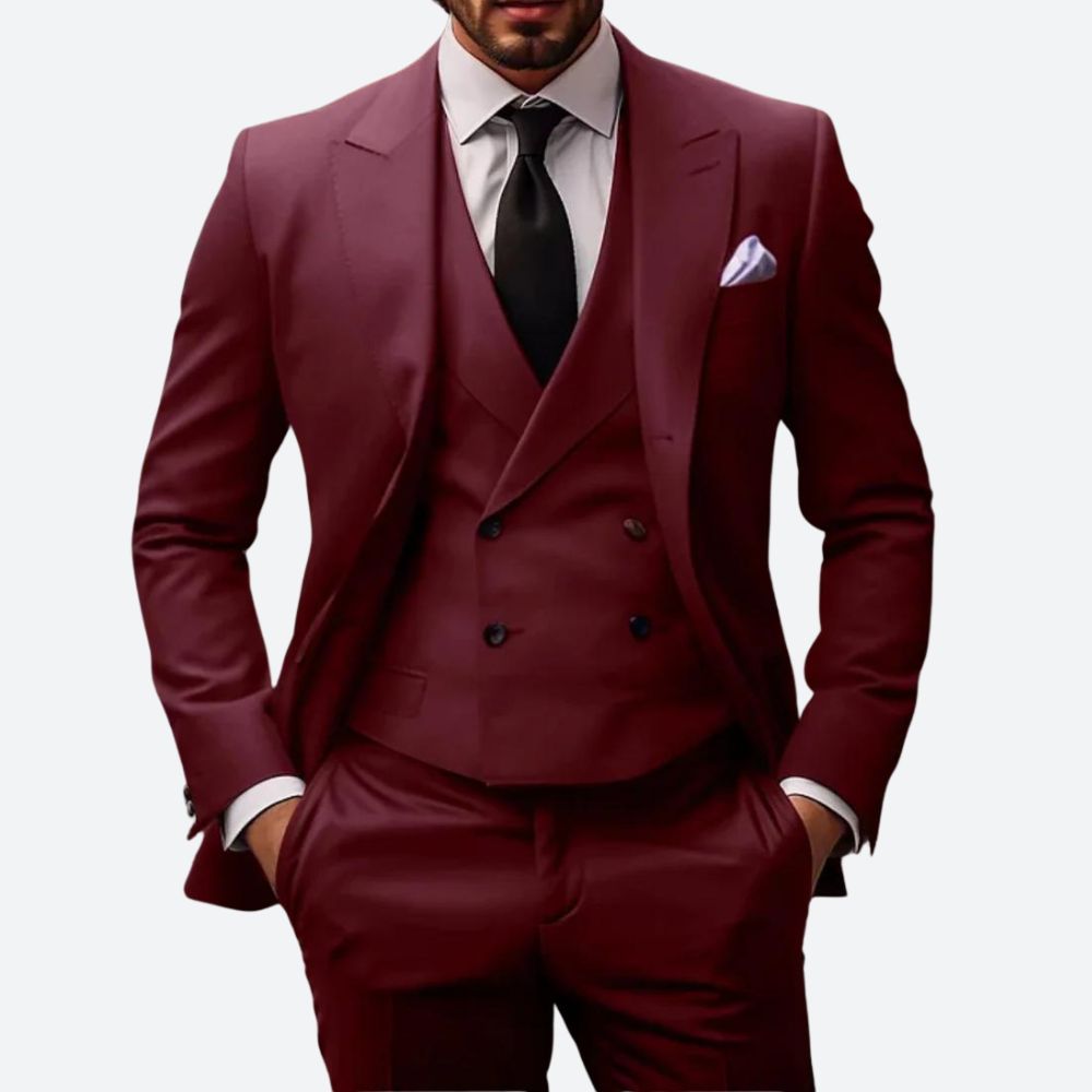 Men's Three-Piece Suit with Double-Breasted Vest and Peak Lapel