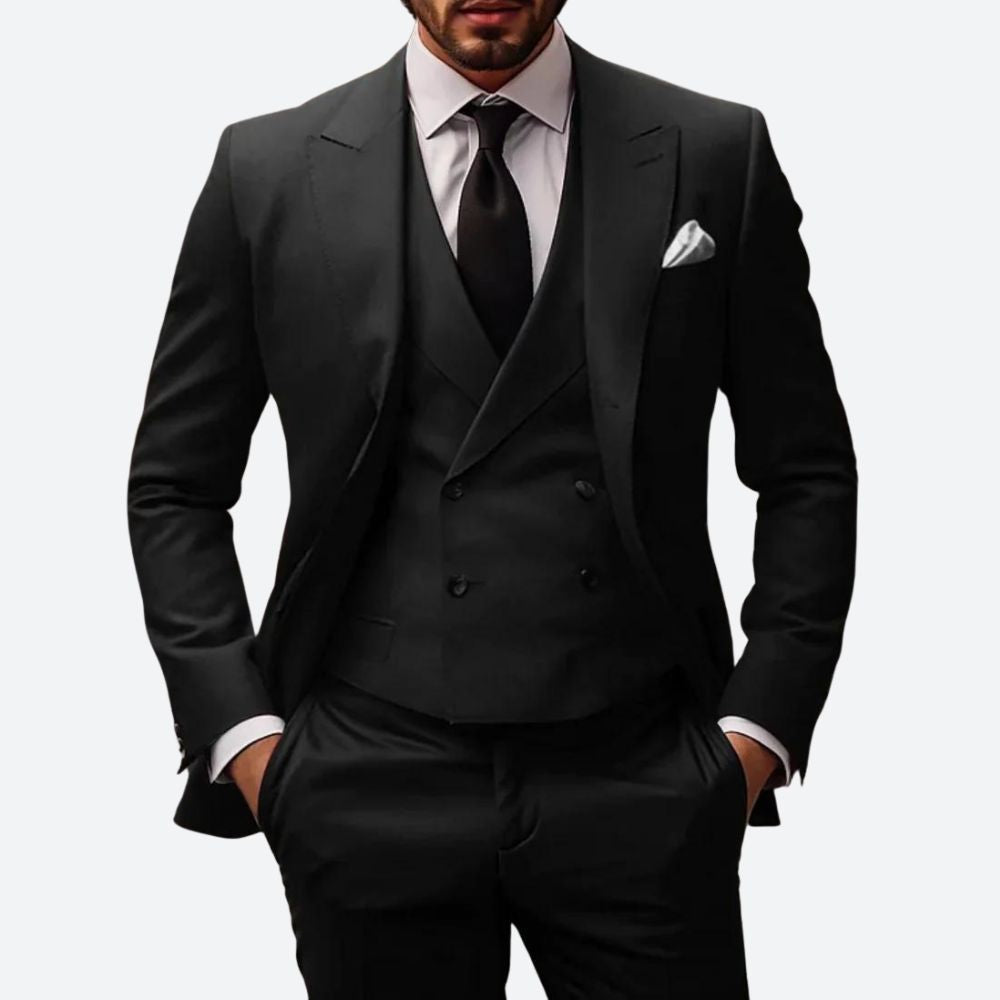 Men's Three-Piece Suit with Double-Breasted Vest and Peak Lapel