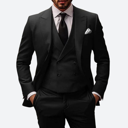Men's Three-Piece Suit with Double-Breasted Vest and Peak Lapel