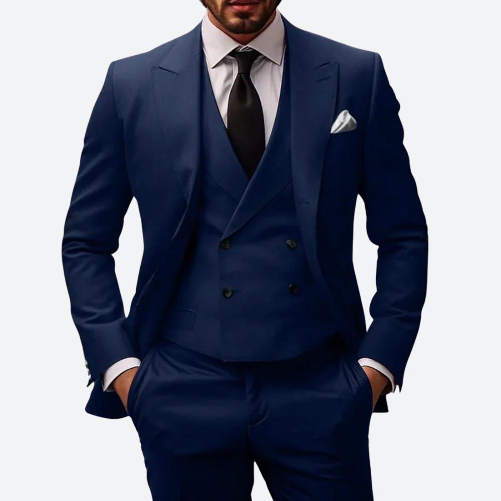Men's Three-Piece Suit with Double-Breasted Vest and Peak Lapel