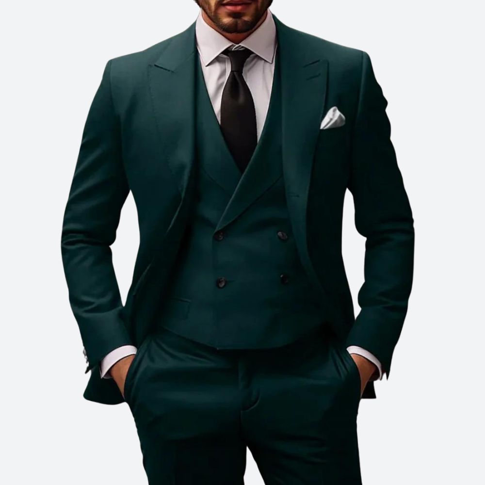 Men's Three-Piece Suit with Double-Breasted Vest and Peak Lapel