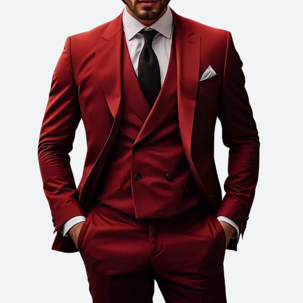 Men's Three-Piece Suit with Double-Breasted Vest and Peak Lapel
