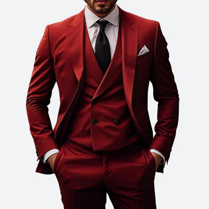 Men's Three-Piece Suit with Double-Breasted Vest and Peak Lapel