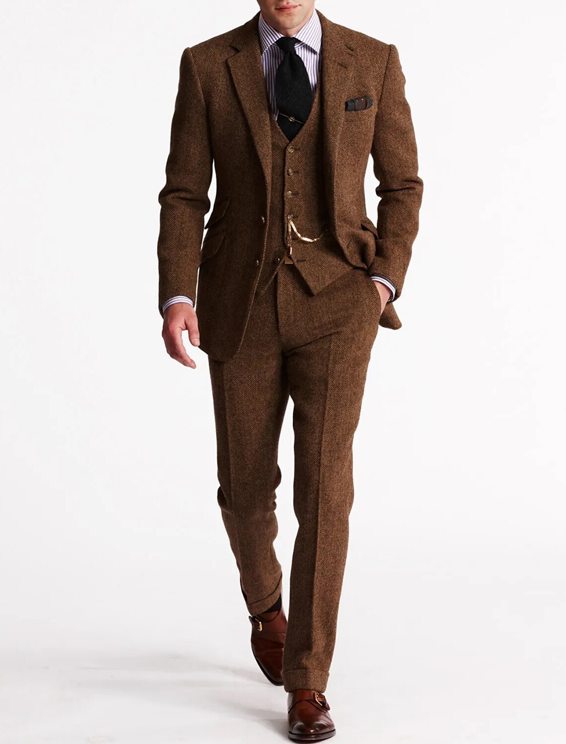 Men's Three-Piece Suit with Herringbone Pattern and Slim Fit