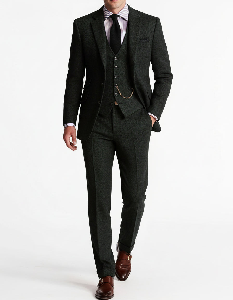 Men's Three-Piece Suit with Herringbone Pattern and Slim Fit
