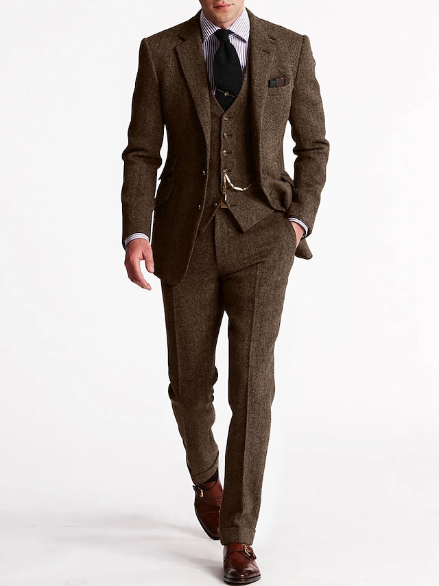Men's Three-Piece Suit with Herringbone Pattern and Slim Fit