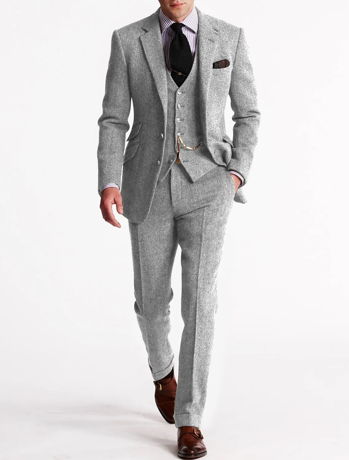 Men's Three-Piece Suit with Herringbone Pattern and Slim Fit
