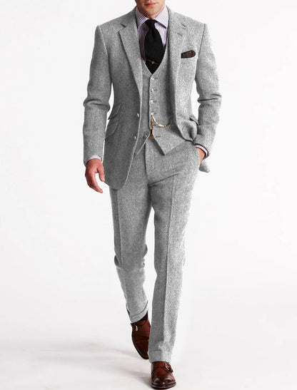 Men's Three-Piece Suit with Herringbone Pattern and Slim Fit