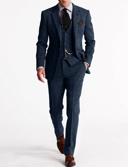 Men's Three-Piece Suit with Herringbone Pattern and Slim Fit