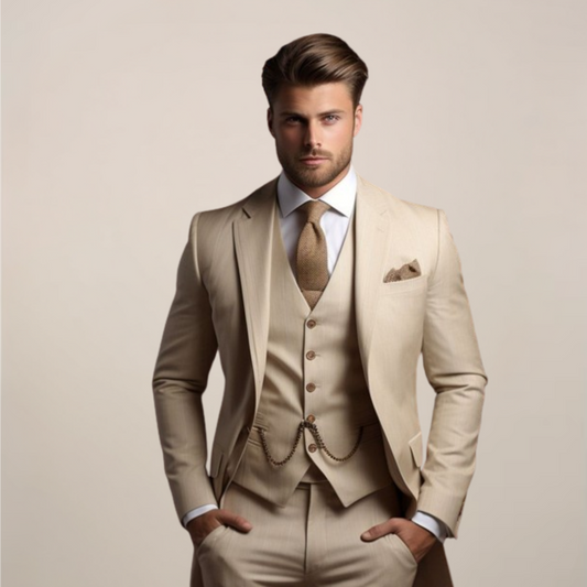 Men's Three-Piece Tailored Suit with Jacket, Waistcoat and Trousers
