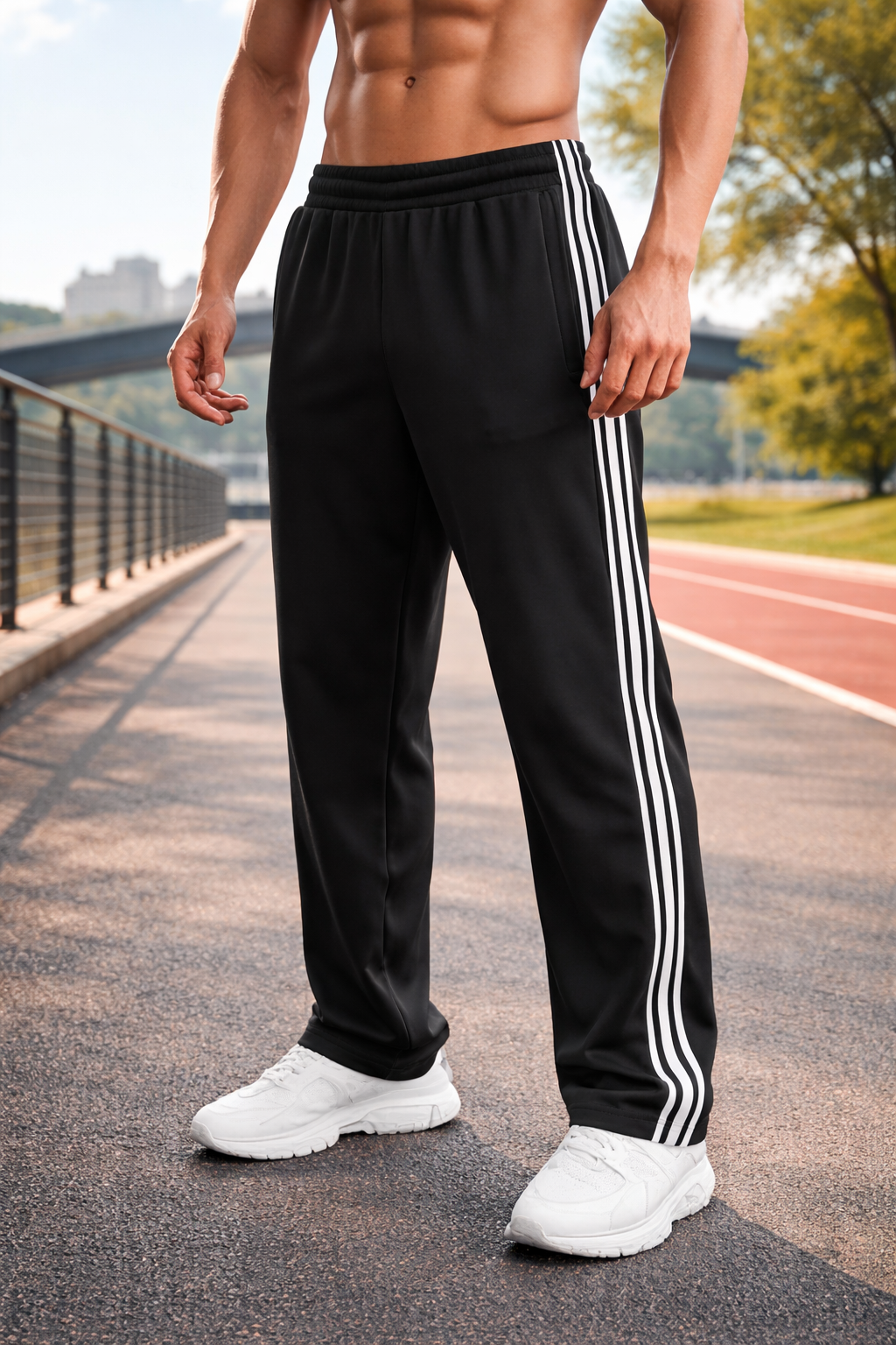 Men's Track Pants with Side Stripes and Elastic Drawstring Waistband