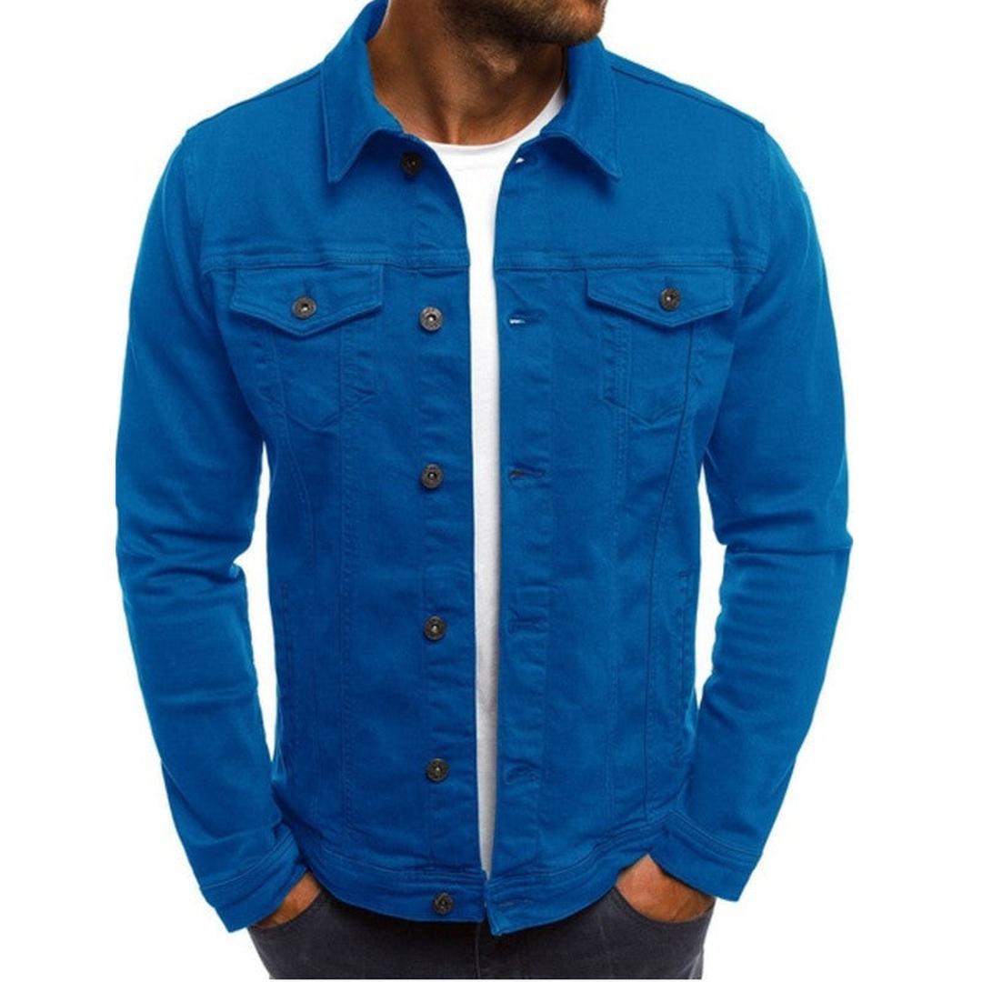 Men's Trucker Denim Jacket with Shirt Collar and Chest Pockets