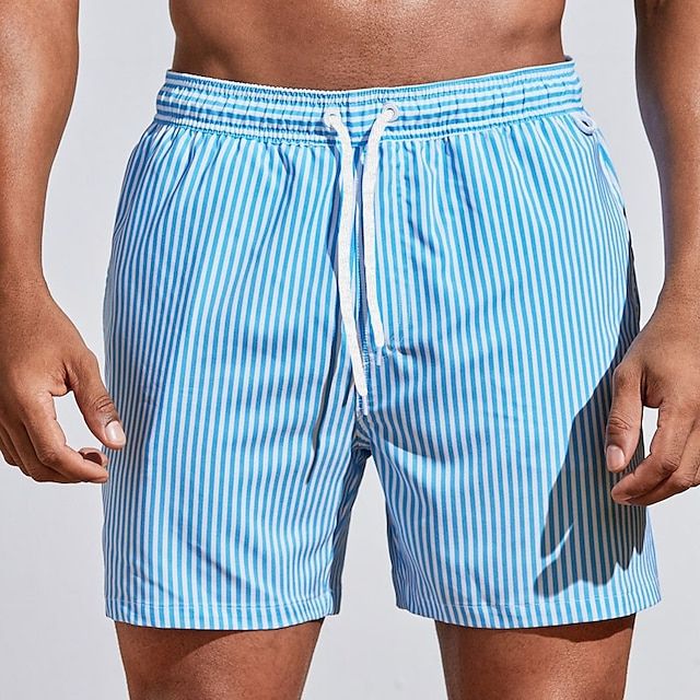 Men's Swim Trunks with Striped Print and Drawstring Waistband