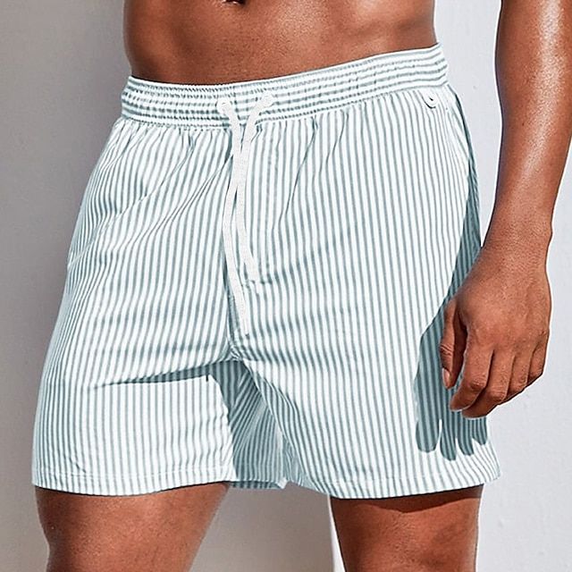 Men's Swim Trunks with Striped Print and Drawstring Waistband