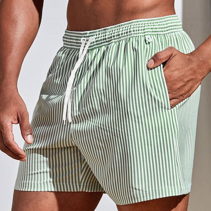 Men's Swim Trunks with Striped Print and Drawstring Waistband