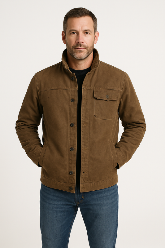 Men's Utility Jacket with Stand Collar and Button Closure
