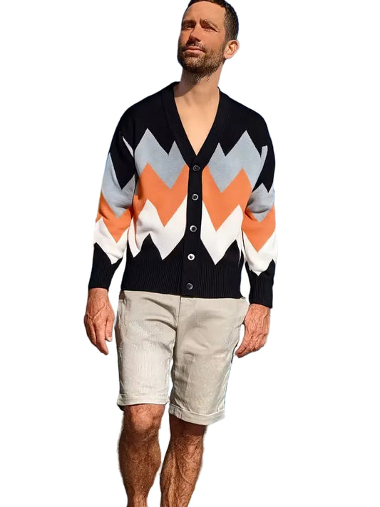 Men's V-Neck Cardigan with Zigzag Knit Pattern