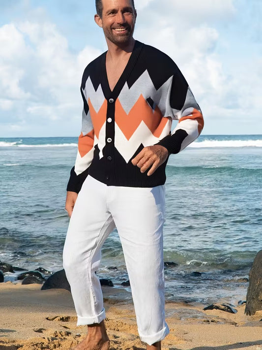 Men's V-Neck Cardigan with Zigzag Knit Pattern