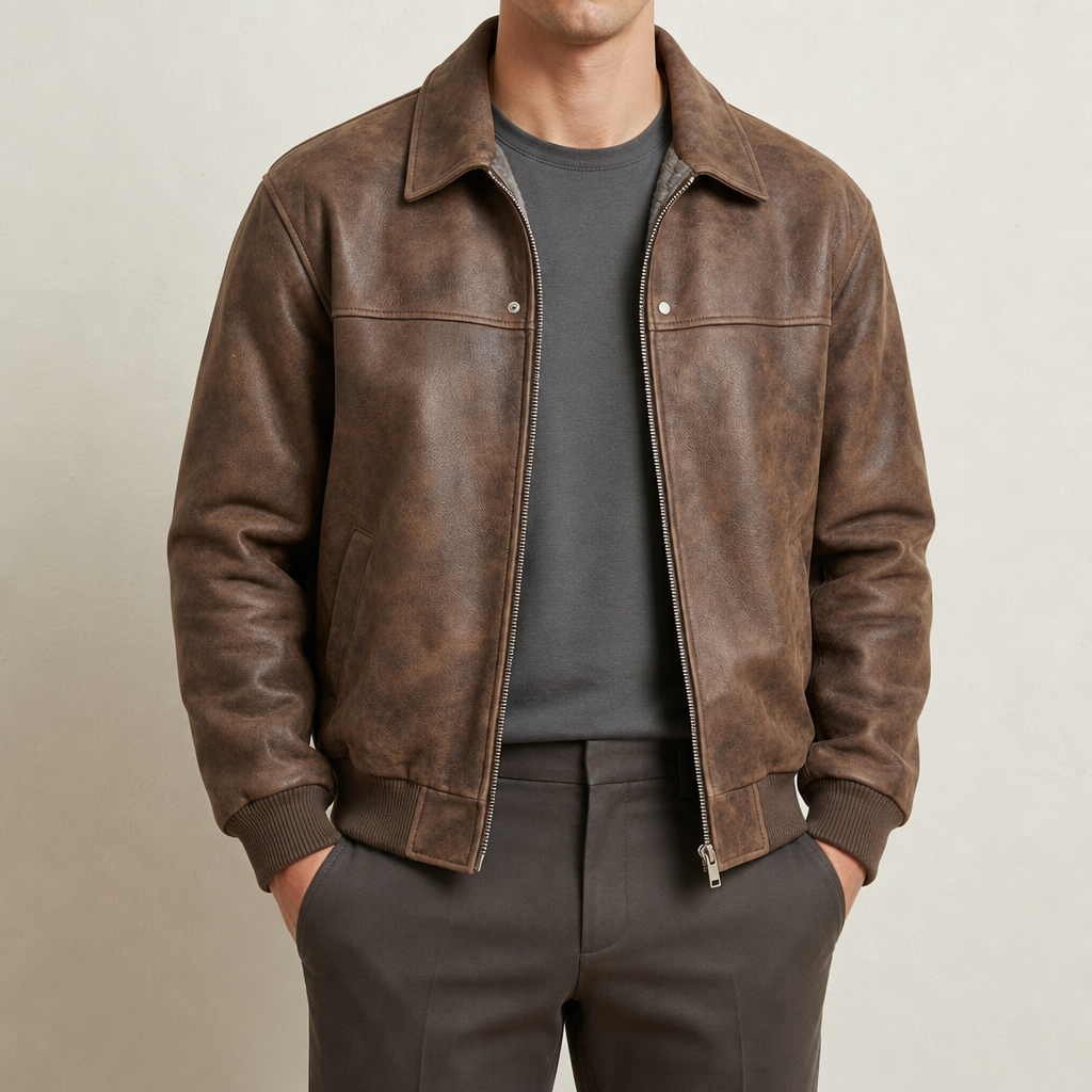 Men's Vintage Distressed Faux Leather Bomber Jacket with Ribbed Cuffs and Hem