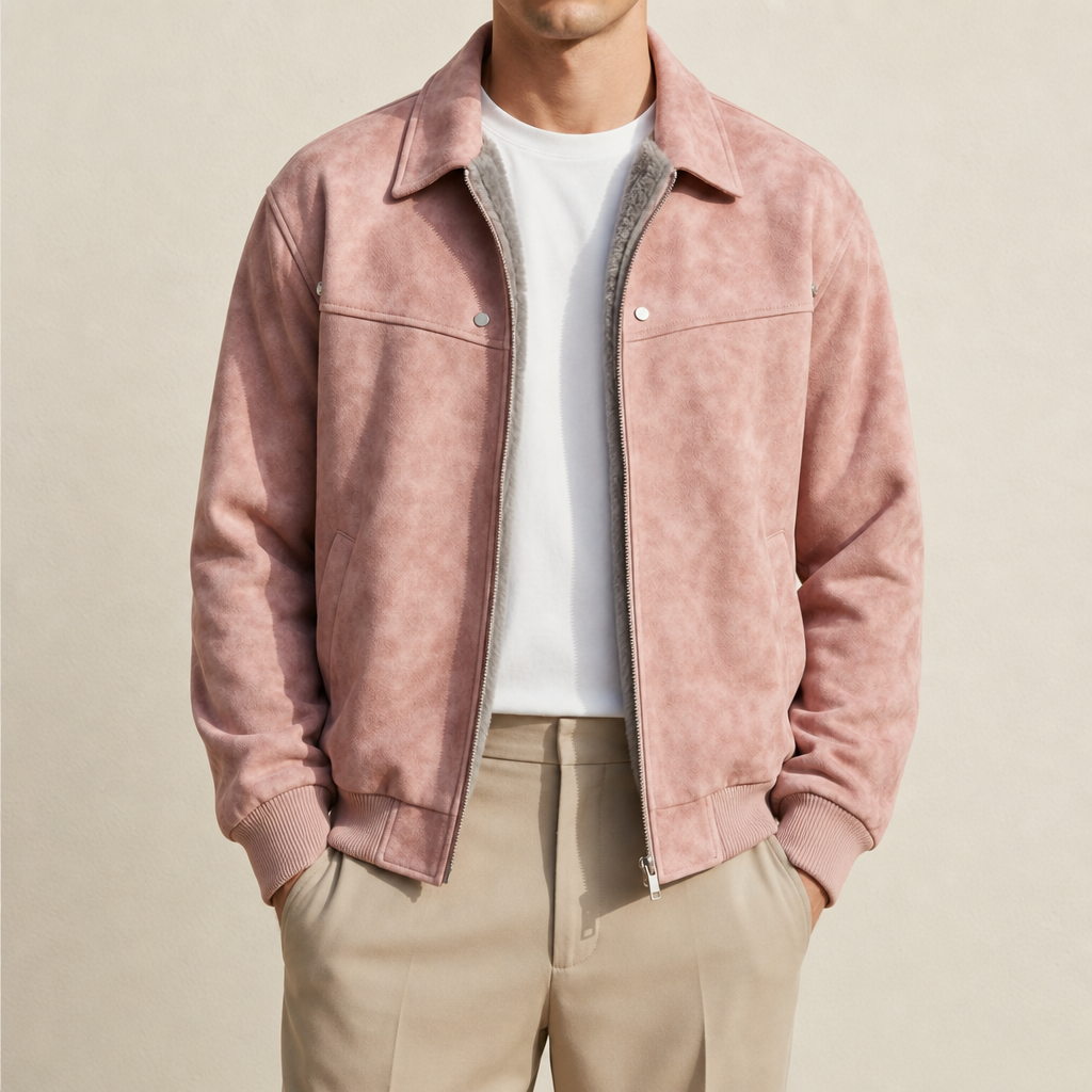 Men's Vintage Distressed Faux Leather Bomber Jacket with Ribbed Cuffs and Hem