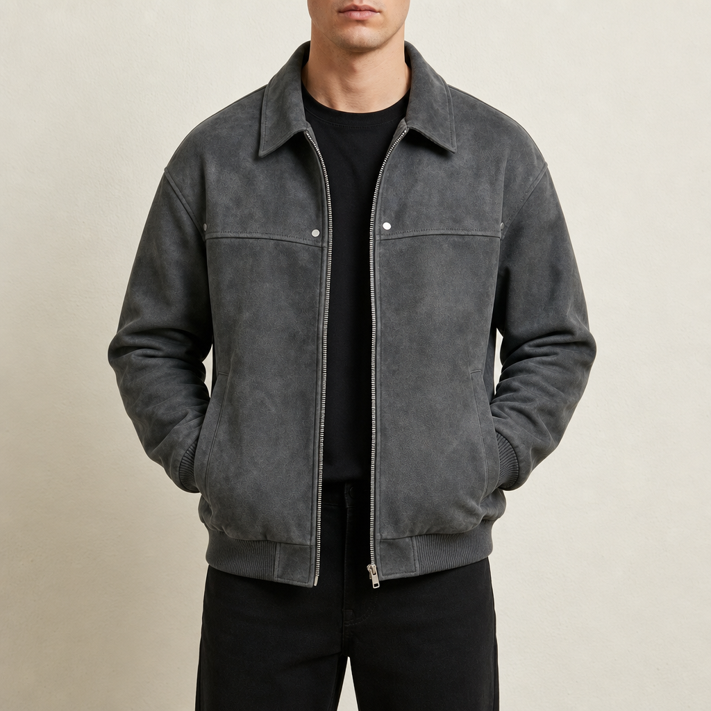 Men's Vintage Distressed Faux Leather Bomber Jacket with Ribbed Cuffs and Hem