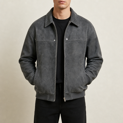 Men's Vintage Distressed Faux Leather Bomber Jacket with Ribbed Cuffs and Hem