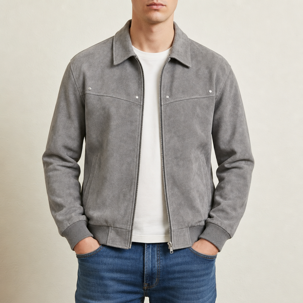 Men's Vintage Distressed Faux Leather Bomber Jacket with Ribbed Cuffs and Hem