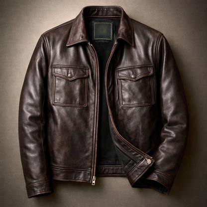 Men's Vintage Faux Leather Jacket with Four Pockets and Zip Front