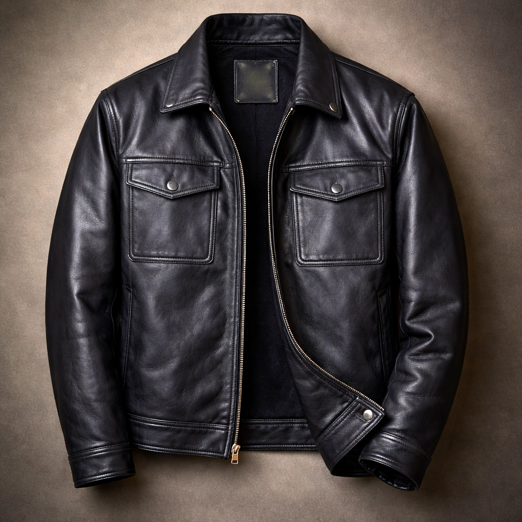 Men's Vintage Faux Leather Jacket with Four Pockets and Zip Front