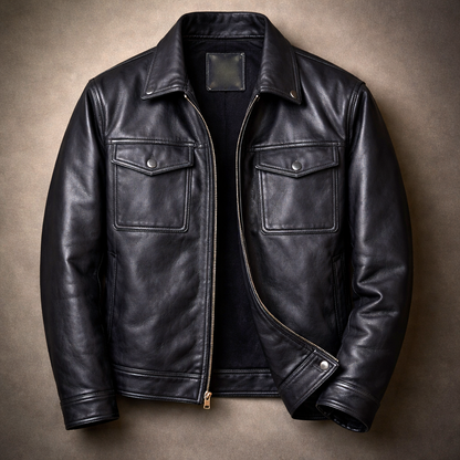 Men's Vintage Faux Leather Jacket with Four Pockets and Zip Front