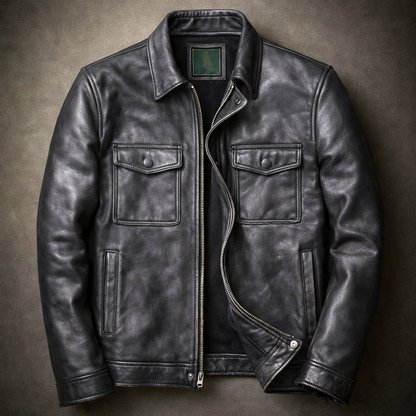 Men's Vintage Faux Leather Jacket with Four Pockets and Zip Front