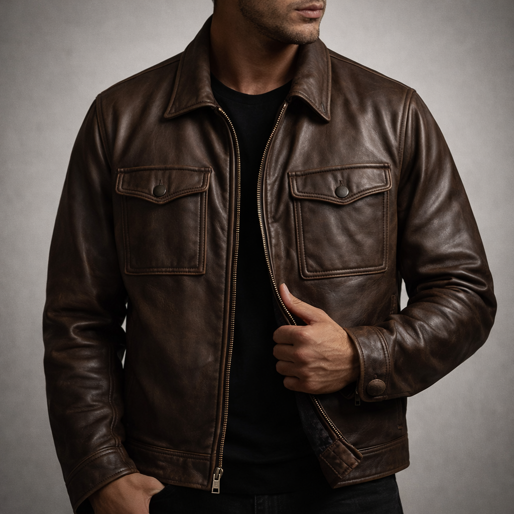 Men's Vintage Faux Leather Jacket with Four Pockets and Zip Front