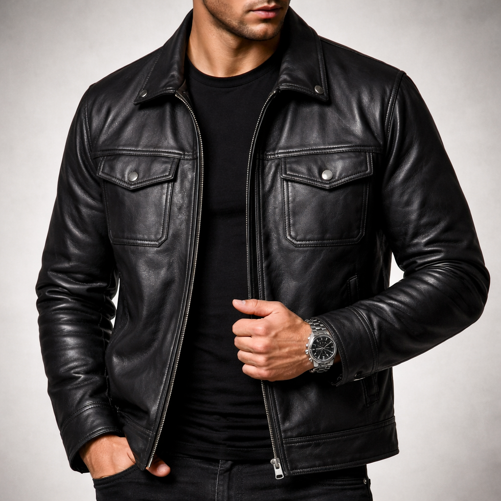 Men's Vintage Faux Leather Jacket with Four Pockets and Zip Front